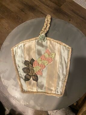 Vintage  Satin Mini Bag in Champagne with Floral Appliqué.